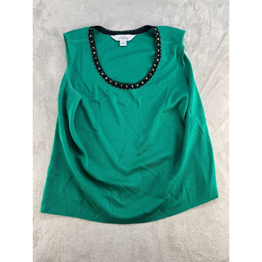 Ming Wang Size 1x Women's Green Solid Scoop Neck Sleeveless Top Bedazzled